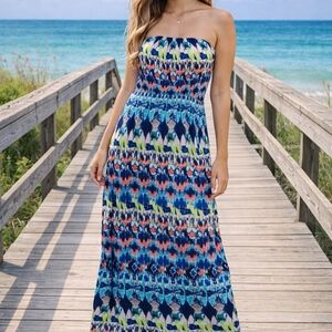 Trixxi Three Pink Hearts Strapless Maxi Dress Size M Boho Ikat Print Stretch